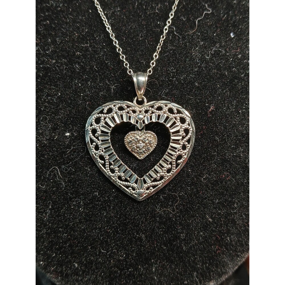 Sterling Silver 925 Filigree Double Heart Dangle Necklace 18"